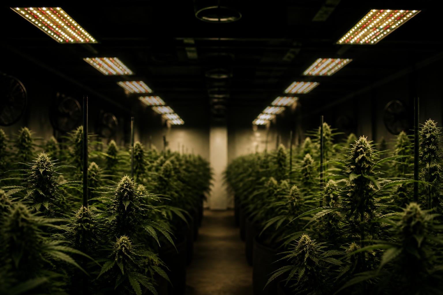 Sala de cultivo profissional com plantas medicinais sob luz técnica